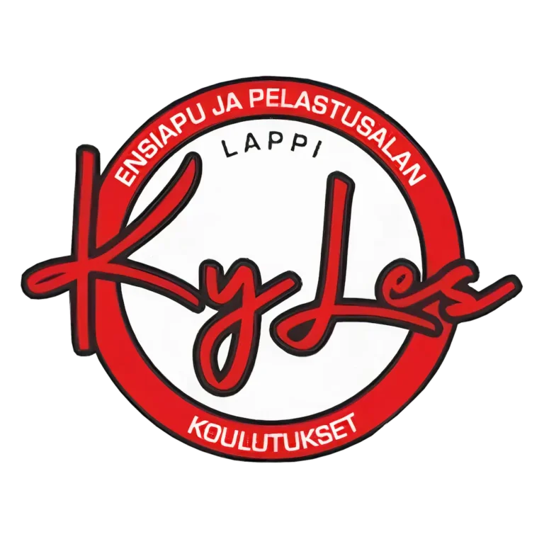 KyLes-logo, punainen ja musta teksti ympyränmuotoisessa designissa, Ensiapu- ja Pelastusalankoulutukset Rovaniemi.